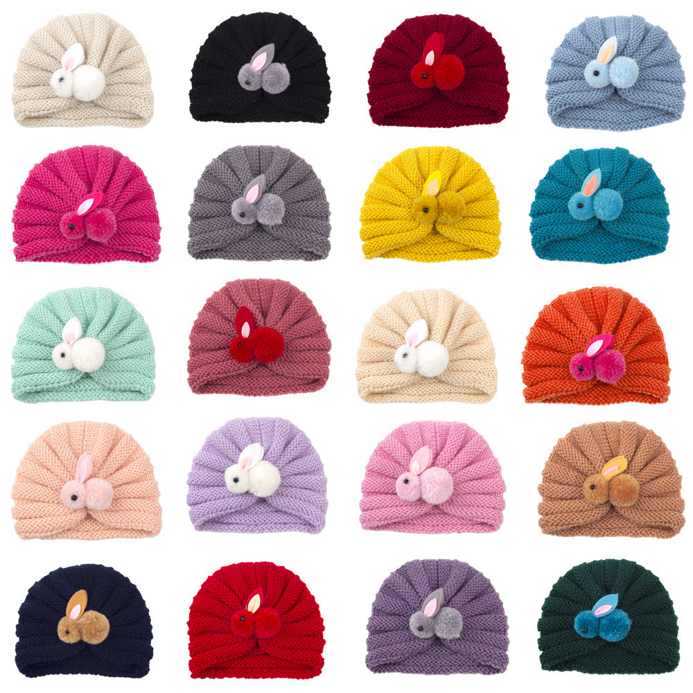 Newborn Baby Solid Color Rabbit Patched Design Wool Knitting Tire Caps-1