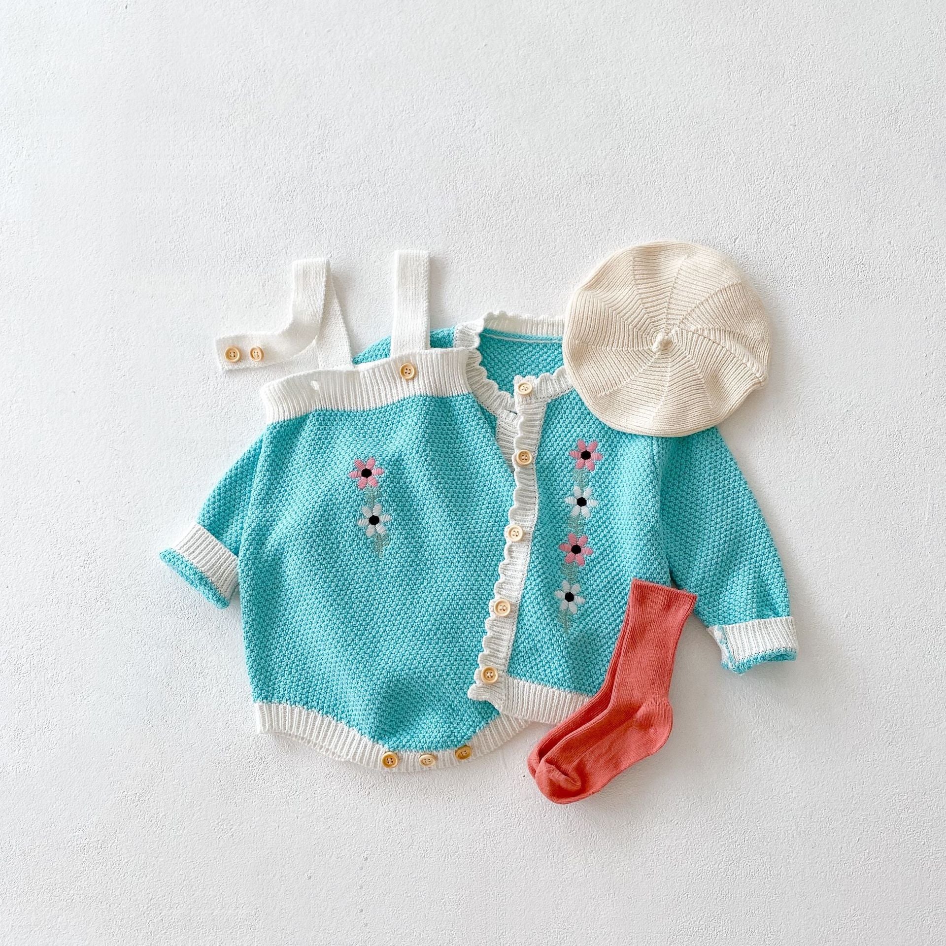 Baby Girl Flower Embroidered Graphic Contrast Bodysuit & Cardigan 1-Pieces Sets-0