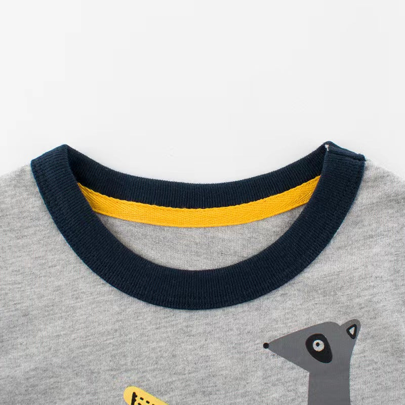 Baby Boy Cartoon Excavator & Animal Pattern Contrast Design Shirt-1