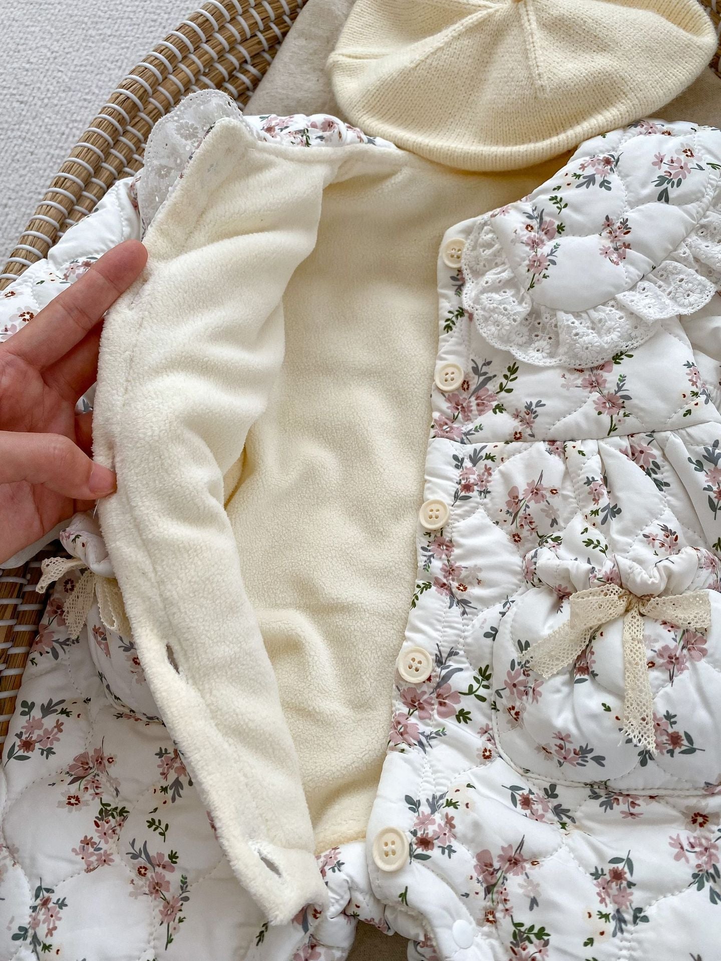Infant Baby Girl Floral Combo Laces Warm Thicken Long Sleeve Jumpsuit-2