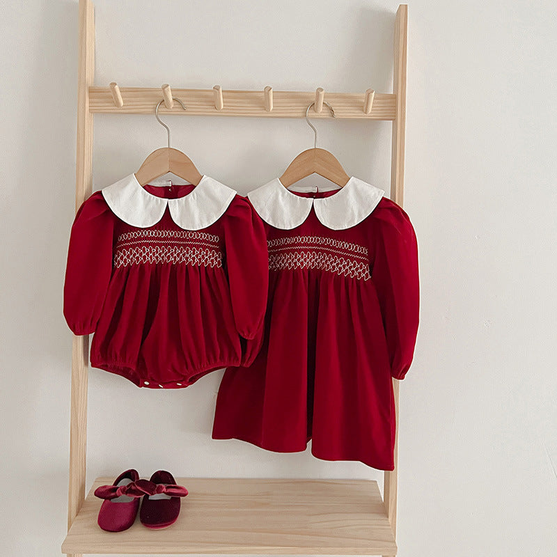 Doll Neck Red Long Sleeve Fashion Onesies & Dress-0