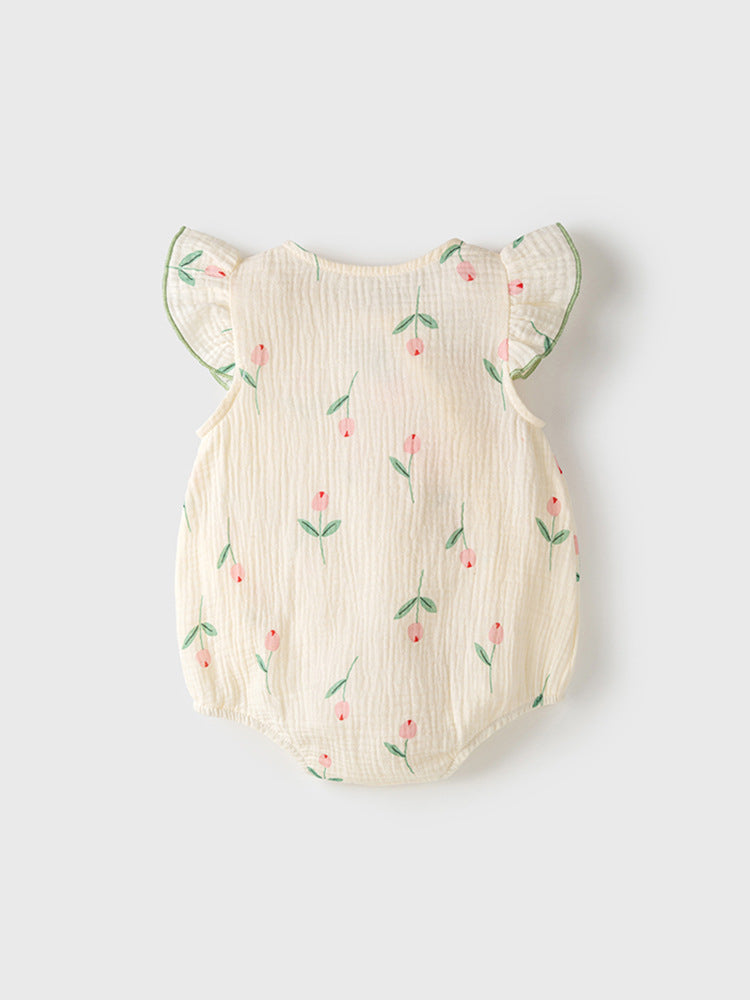 Summer New Design Baby Girls Light Floral Pattern Embroidery Fly Sleeves Crew Neck Sweet Cute Onesies-2