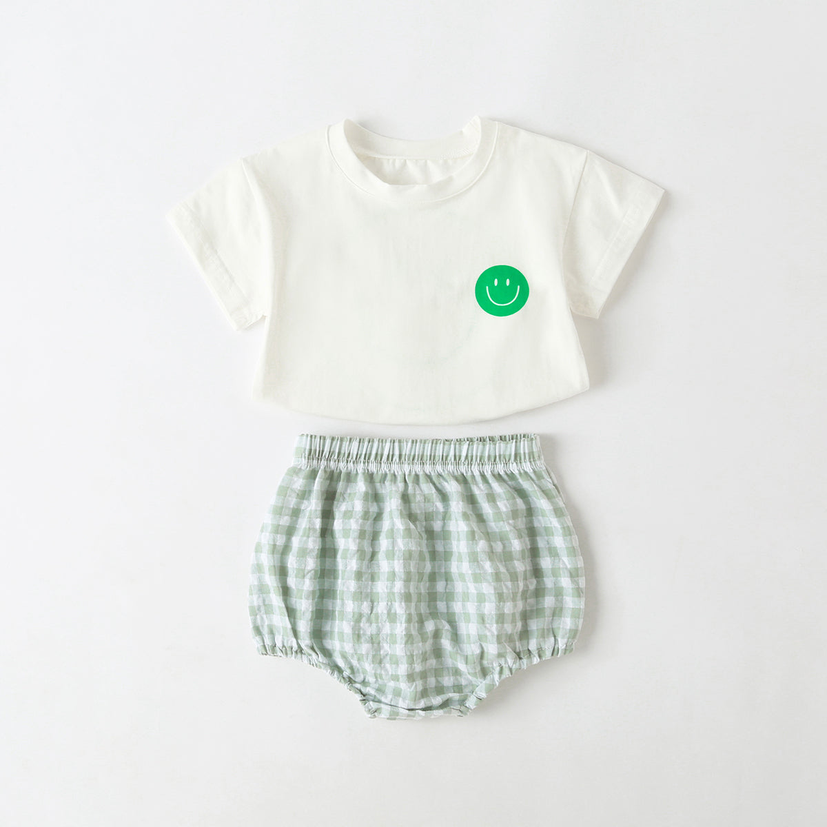 Baby Smiley Print Pattern Solid Tee Combo Plaid Pattern Triangle Shorts Sets-1