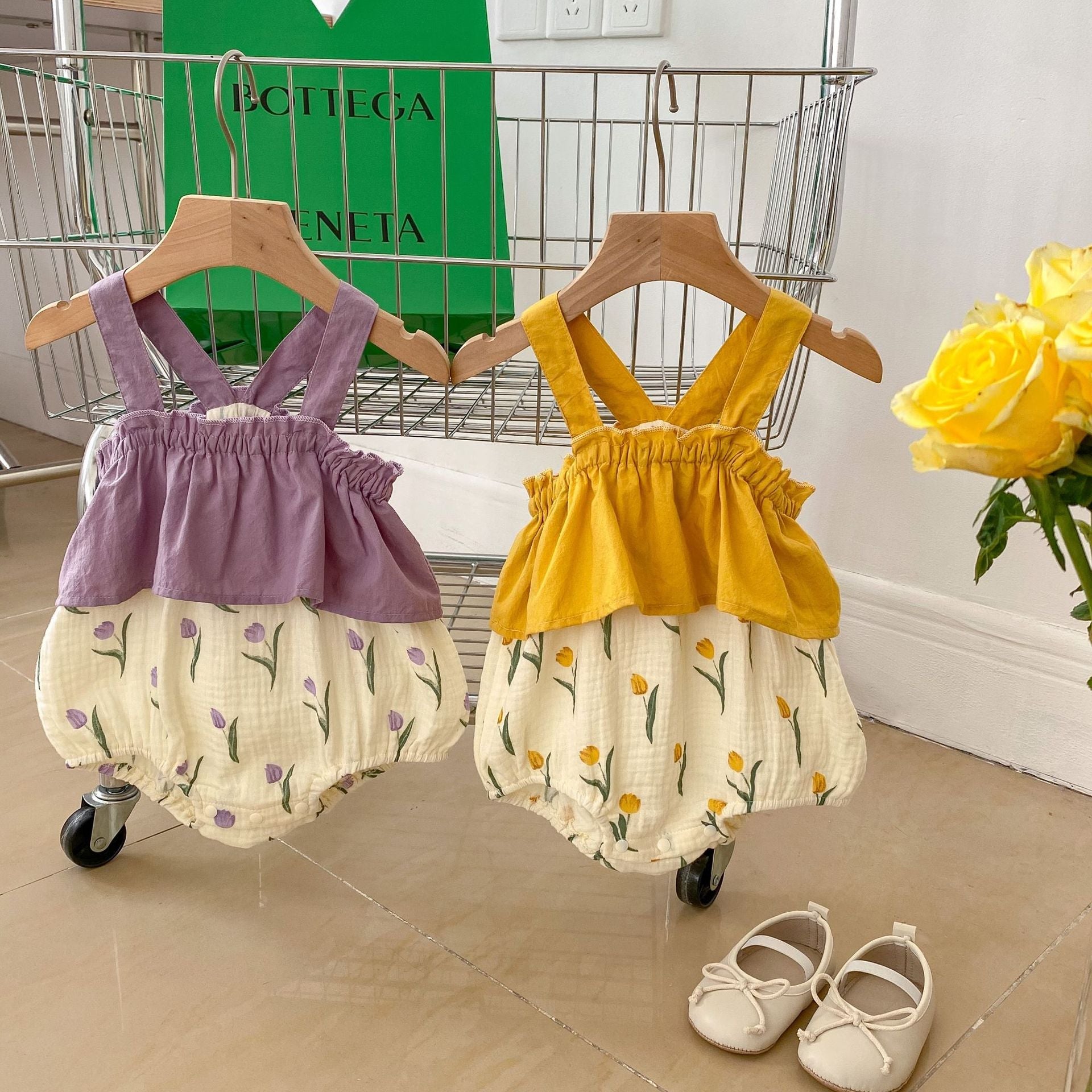 Baby Girl Floral Pattern Sling Cotton Onesies-1