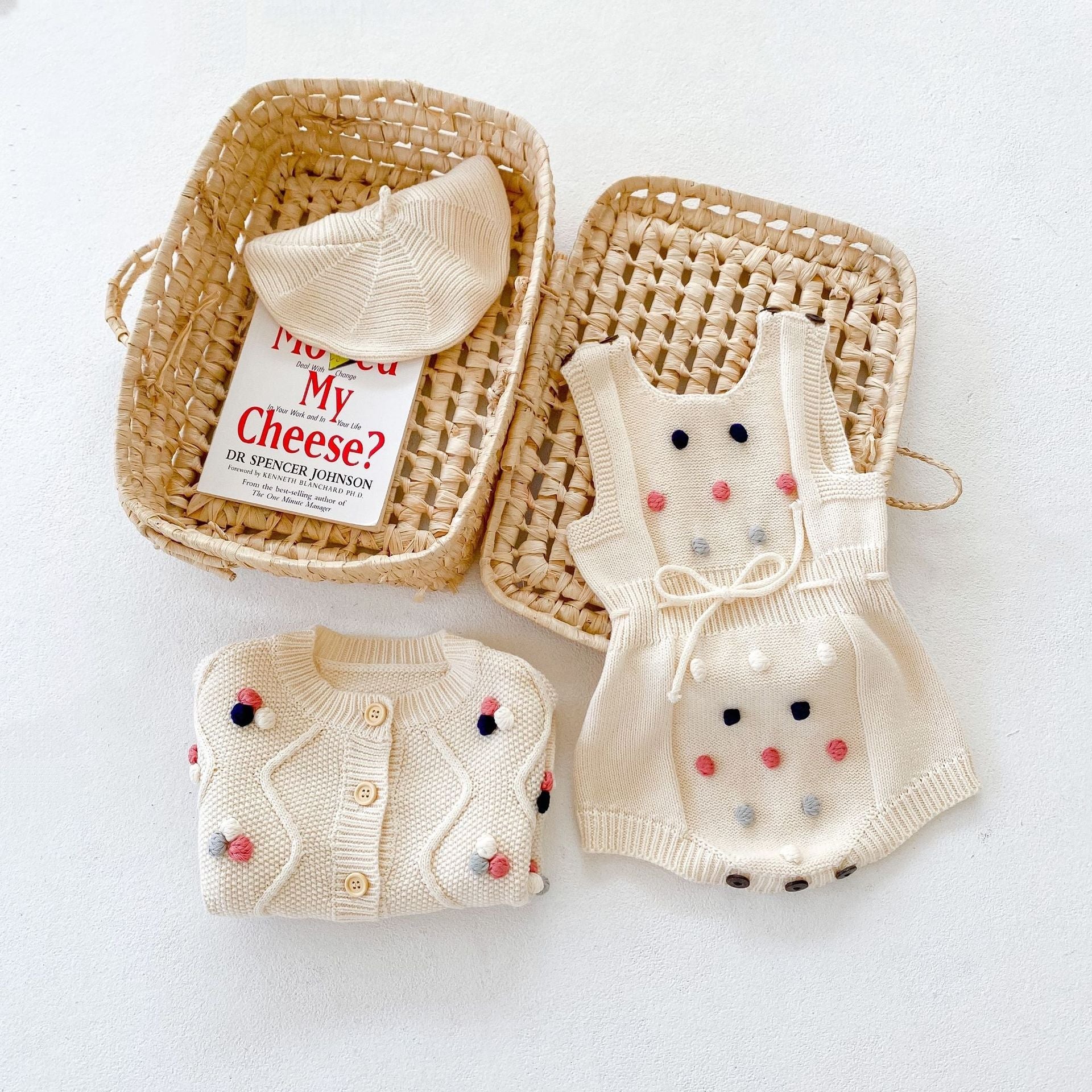 Baby Girl Colorful Handmade Ball Patched Belted Knitted Bodysuit & Cardigan 1-Pieces Sets-1