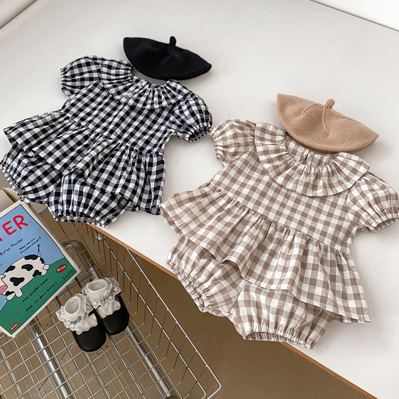 Summer Baby Kids Girls Plaid Short Sleeves Round Collar Top And Shorts Casual Clothing Set-3