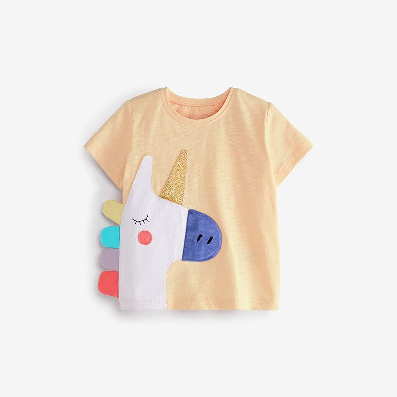 Baby Cartoon Animal Patched Graphic Short Sleeve O-Neck Design Tops-1