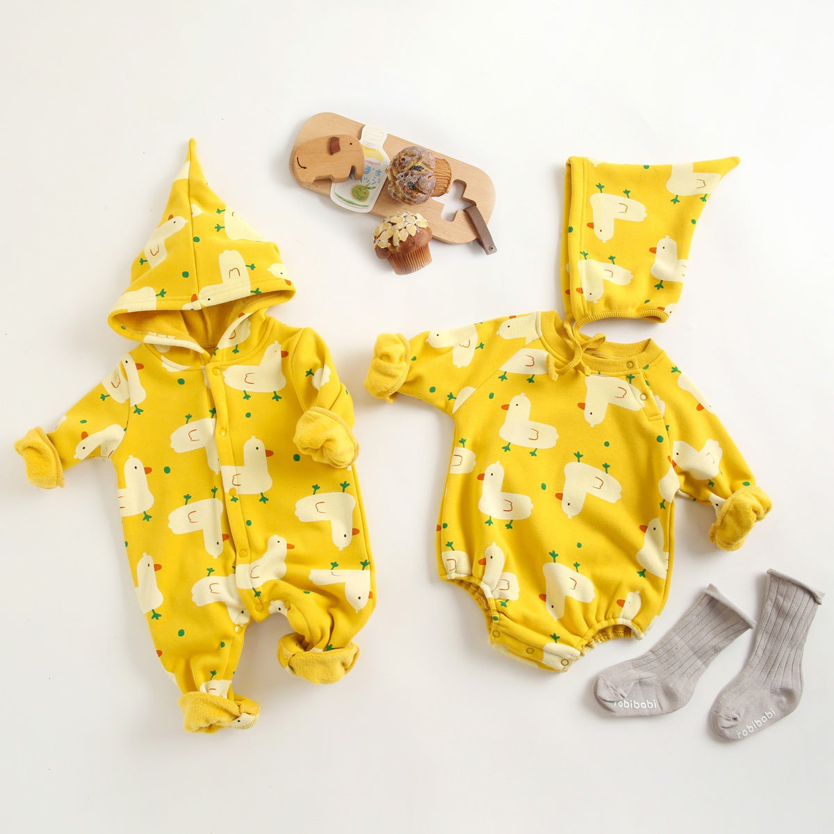 Baby 1pcs Cartoon Duck Print Button Front Rompers & Onesies With Triangle Hats-19