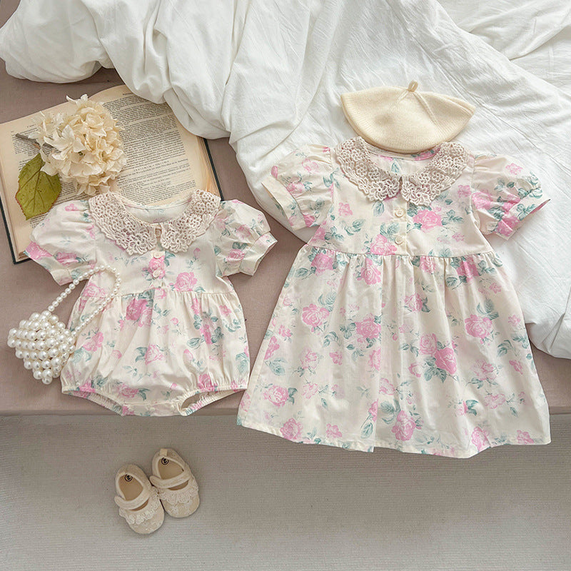 Summer Girls Floral Pattern Hollow Out Peter Pan Collar Short Sleeves Onesies And Girls’ Dress – Princess Sister Matching Set-1