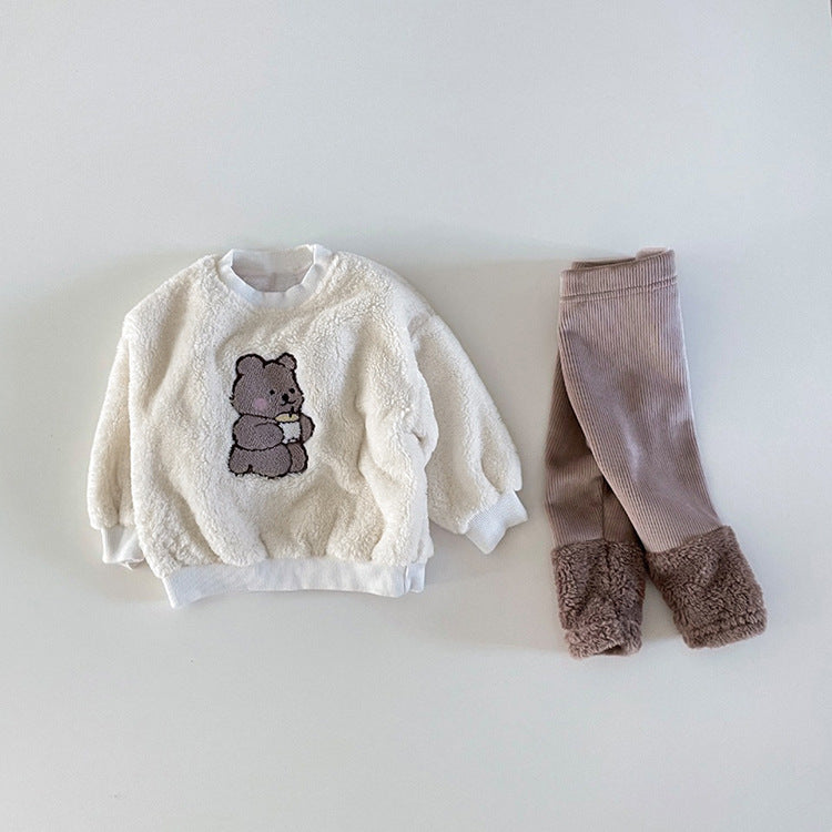 Baby Bear Embroidered Pattern Plush Hoodies Combo Pants Pieces Sets-1