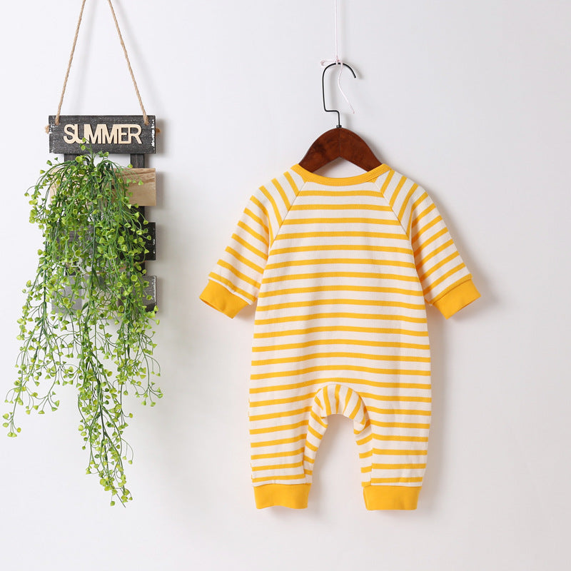 Baby Cartoon Bear & Striped Pattern Crotch Jumpsuit Romper-2
