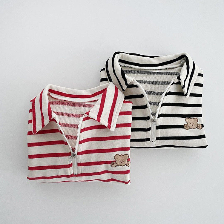 Baby Striped & Cartoon Patched Graphic Polo Neck Long Sleeves Bodysuit Onesies-1