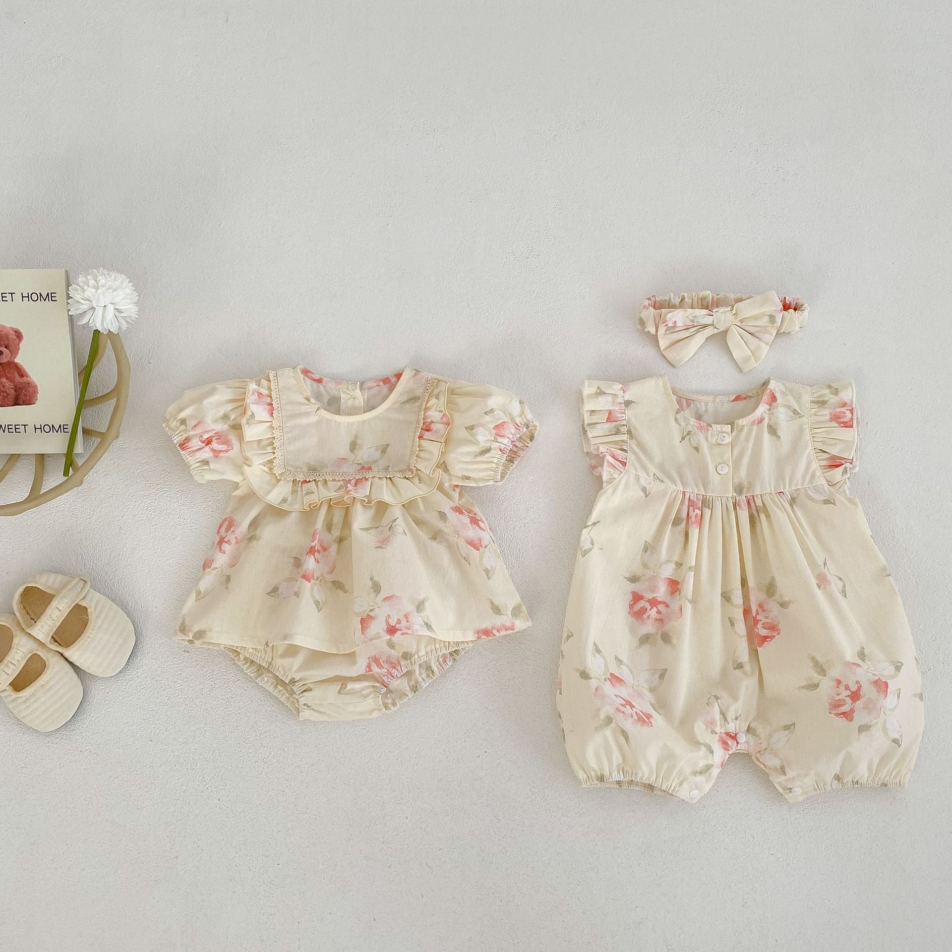 Baby Girl Flower Graphic Short Sleeve Summer Romper & Sets-1