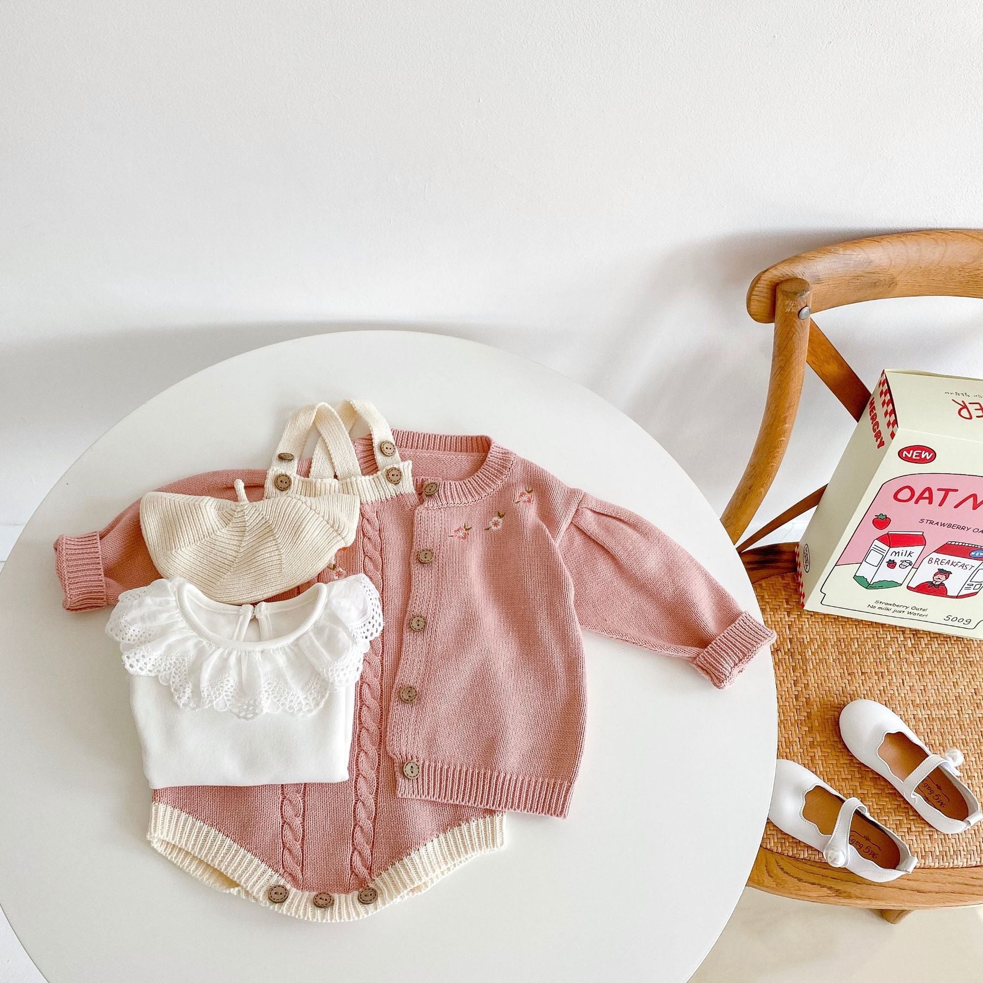 Baby Girl 1pcs Crochet Knitting Graphic Contrast Onesies & Floral Embroidered Cardigan Sets-0
