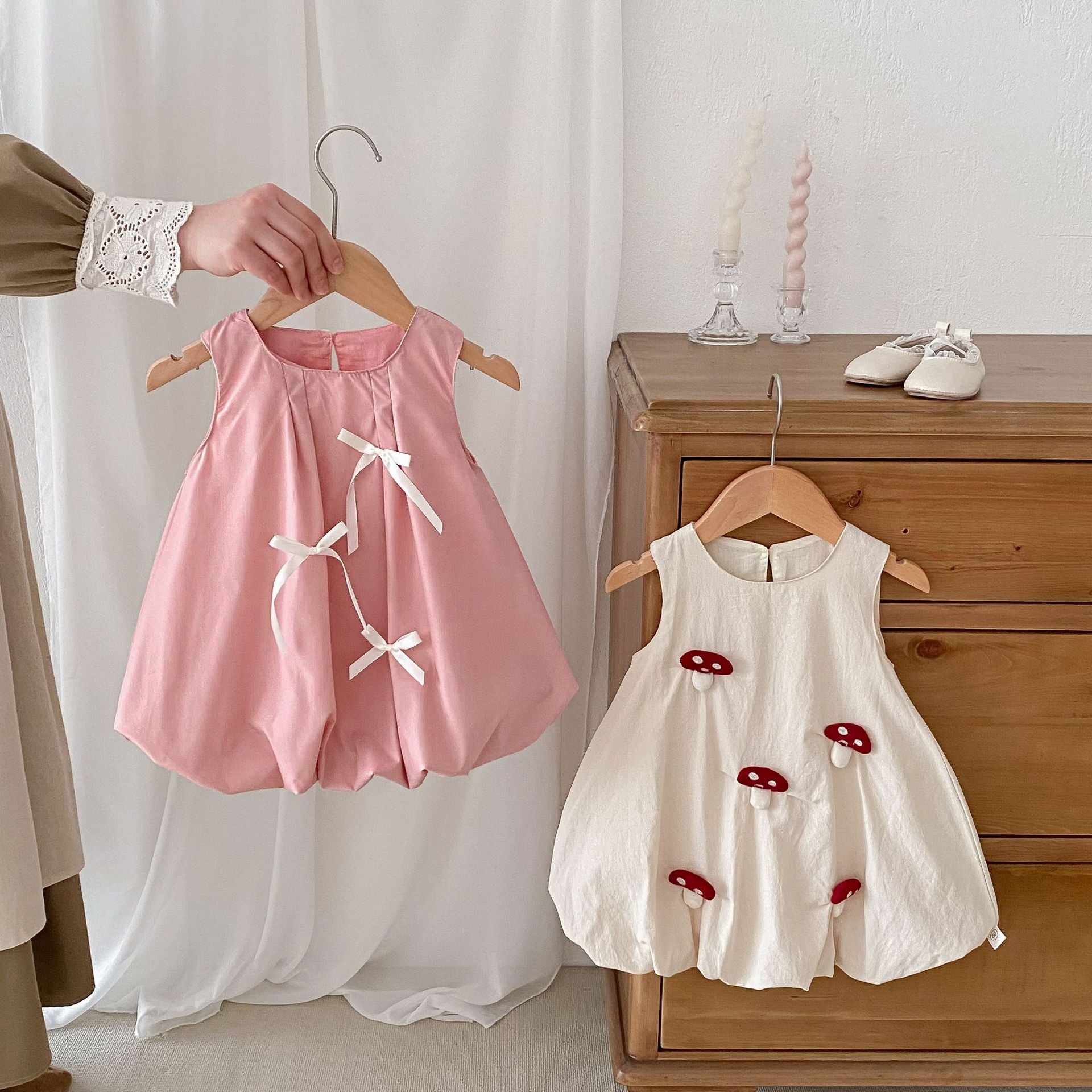 Summer Hot Selling Baby Kids Girls Sleeveless Crew Neck 3D Mushroom/Bow Simple Dress-3