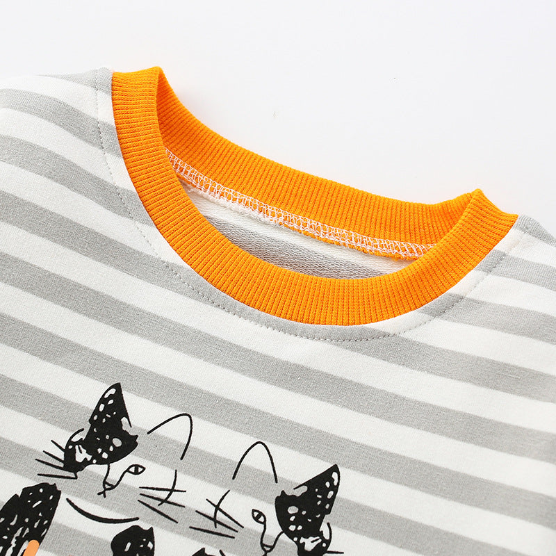 Baby Boy Cartoon Cat & Striped Pattern Colormatching Design Hoodie-1