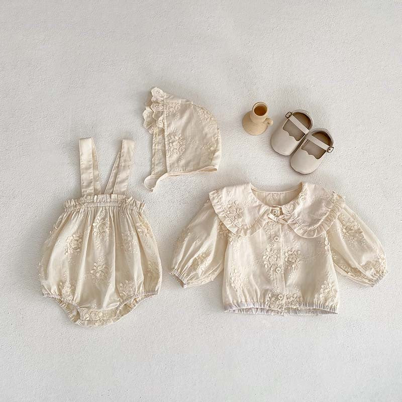 New Arrival Summer Baby Kids Girls Solid Color Floral Embroidery Dress, Shirt And Overalls Onesies – Sister Matching Set-4