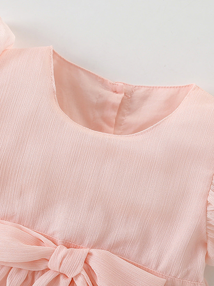 Summer New Arrival Girls’ Simple Plain Pink Short Sleeves Bow Tied Dress-1