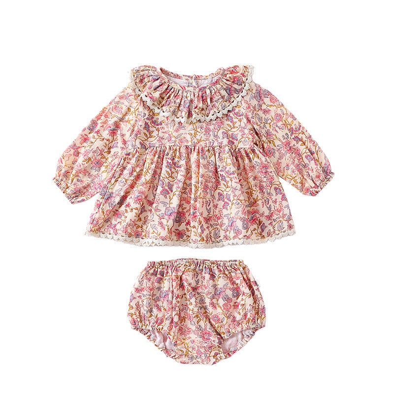 Spring Baby Kids Girls Floral Ruffle Collar Top And Shorts Clothing Set-1