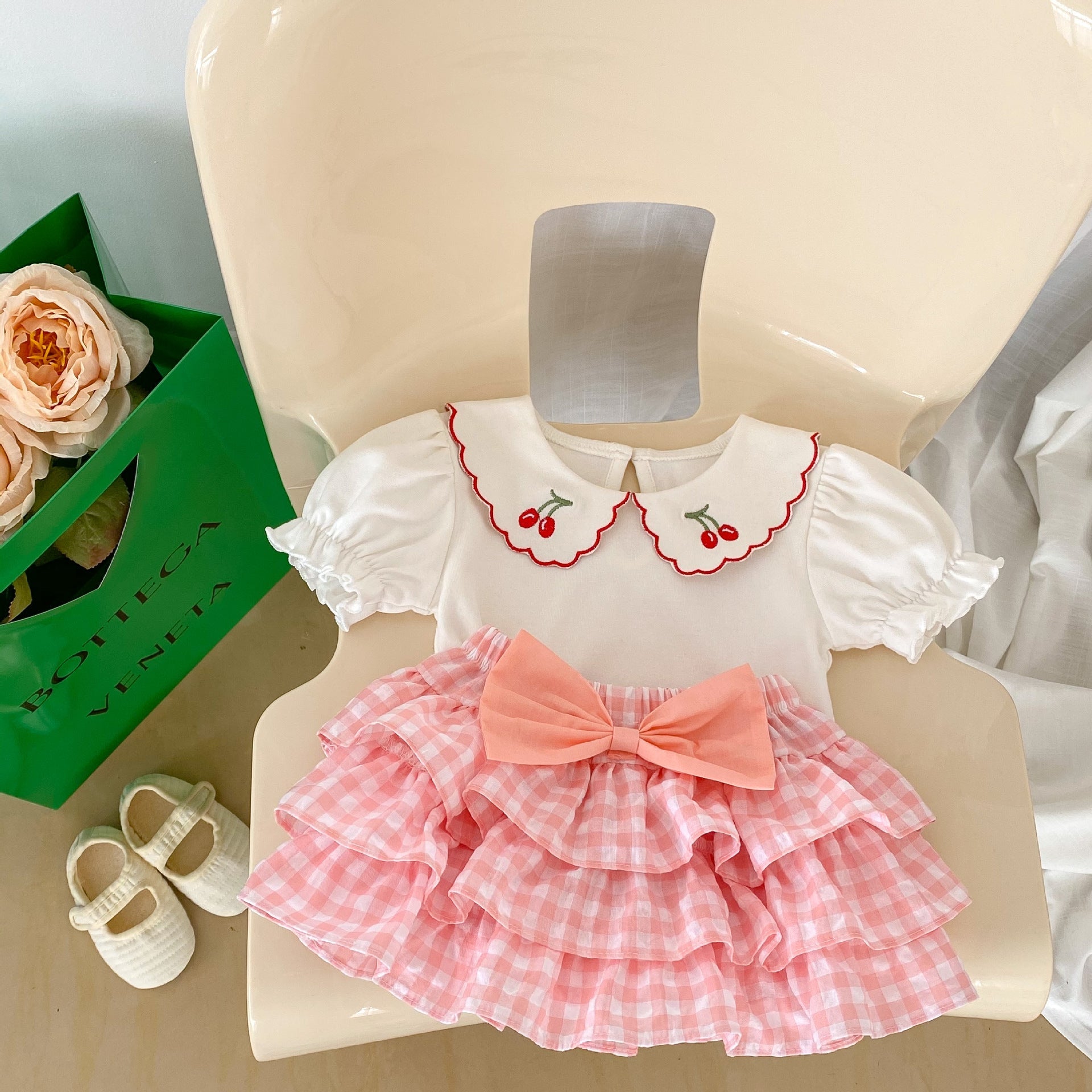 Baby Girl Cherry Laple Neck Shirt With Plaid Skirt Sets-0