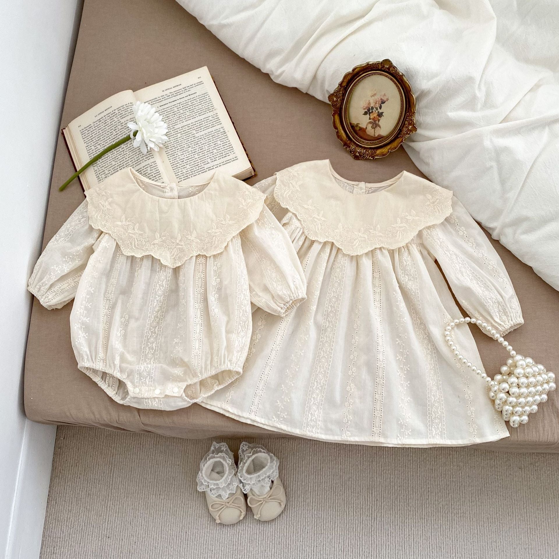 Spring Baby Beige Floral Embroidery Long-Sleeved Onesies And Dress For Girls – Princess Sister Matching Set-3