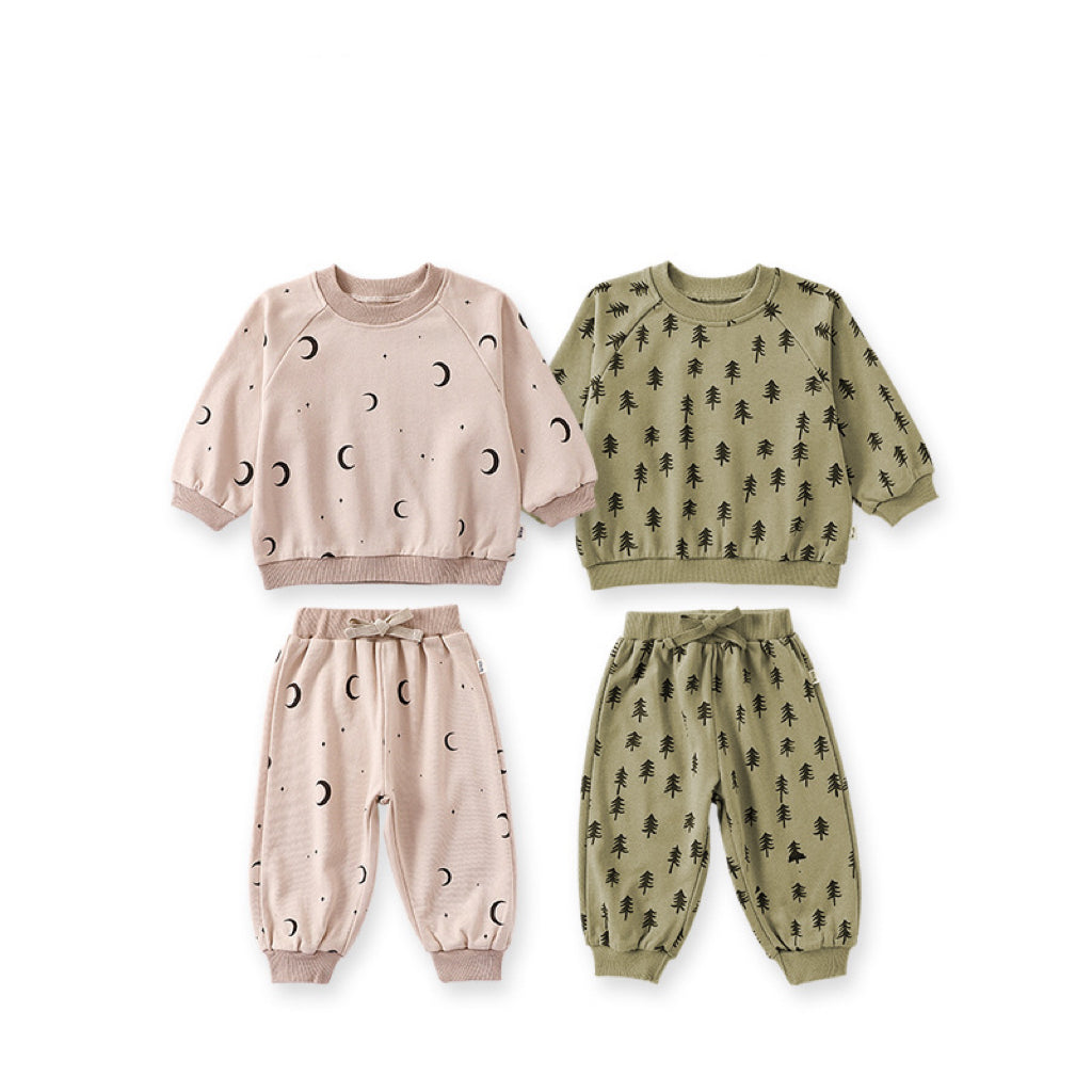 Print Pattern Crewneck Hoodie & Trousers Sets-0