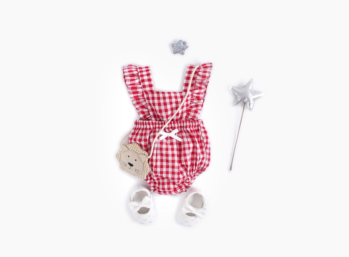 Baby Girl Doll Neck Solid Shirt & Red Plaid Graphic Bow Patched Bodysuit 1 Pieces Sets-1