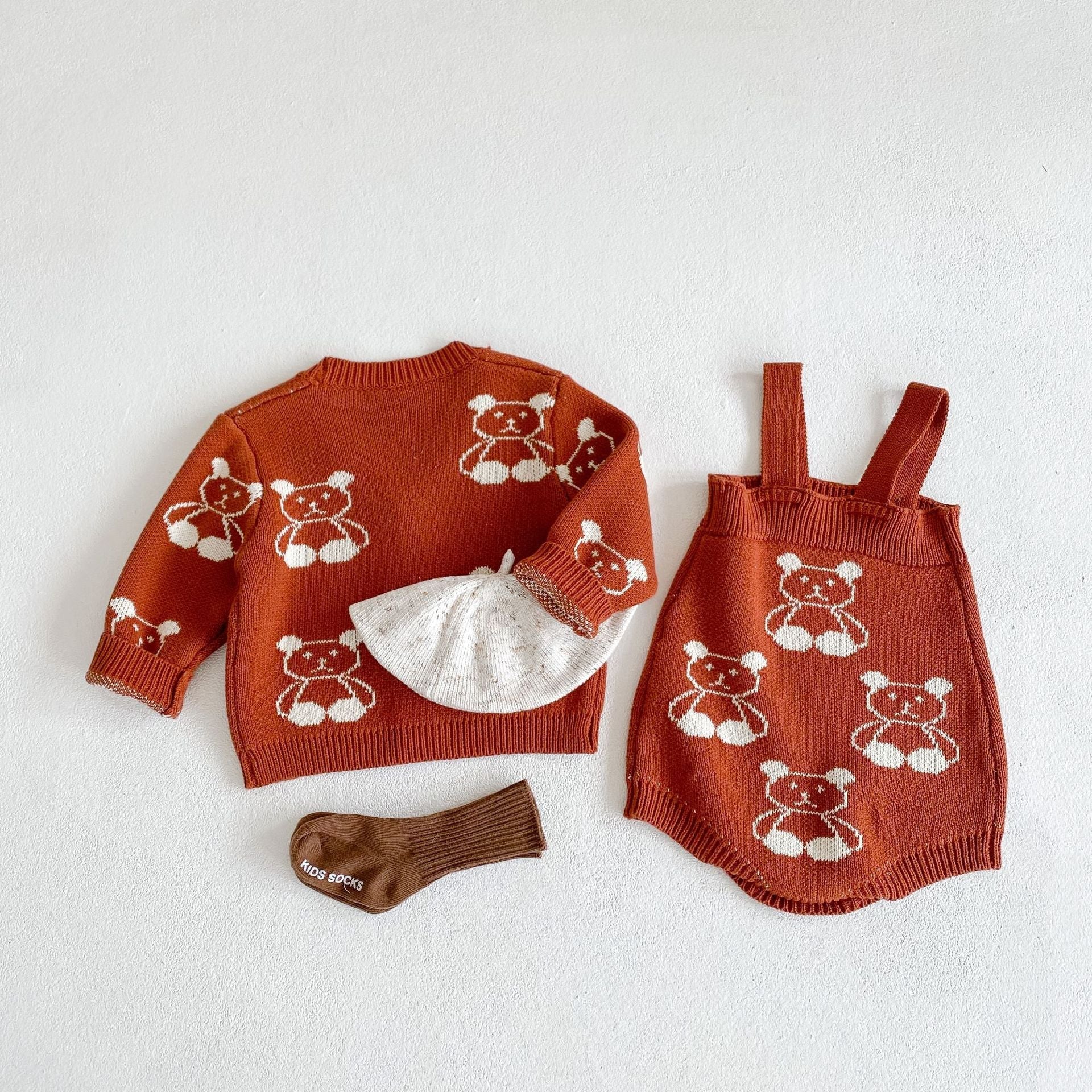 Baby Girl Cartoon Bear Embroidered Graphic Knitted Sleeveless Bodysuit & Cardigan 1-Pieces Sets-1