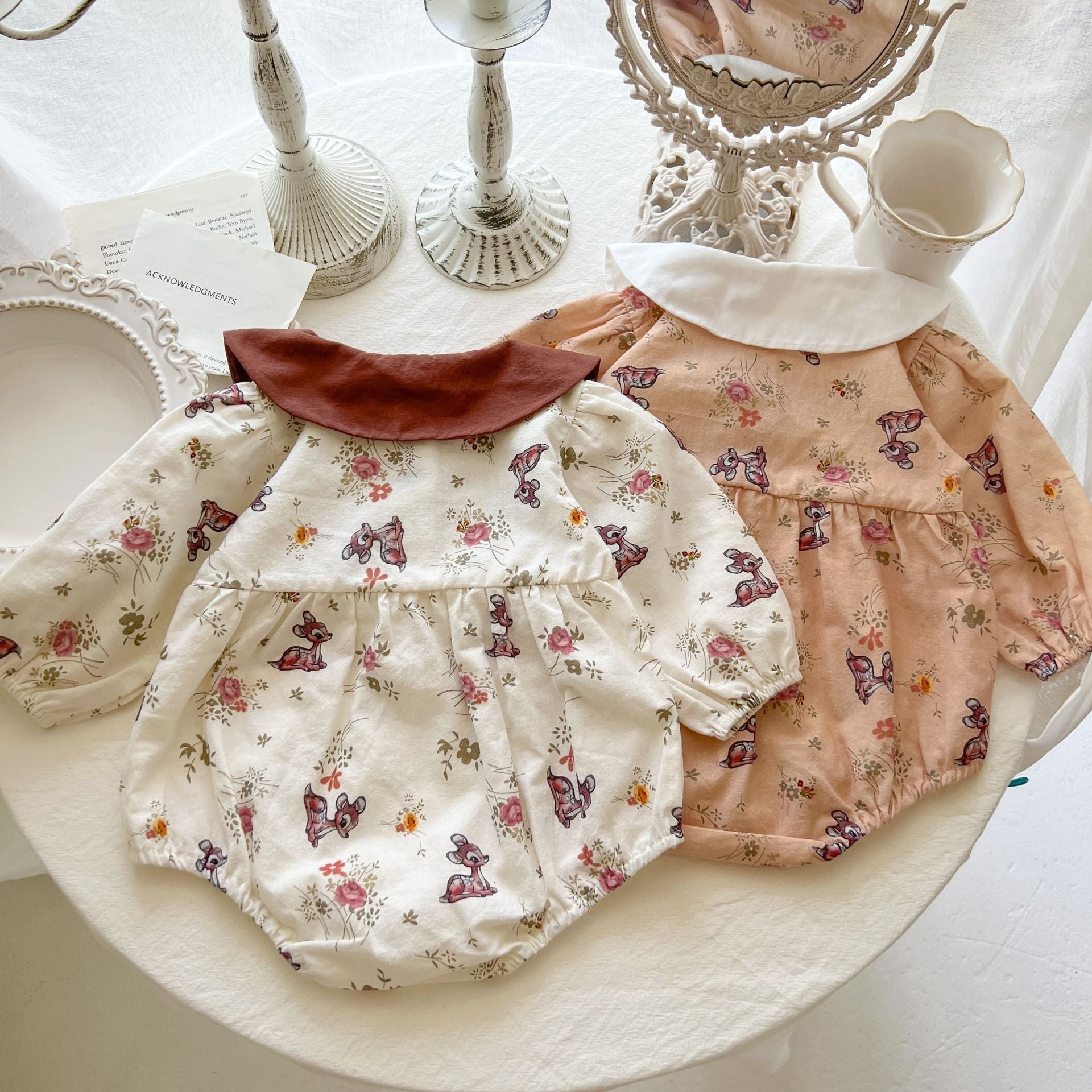Baby Girl Flower & Deer Pattern Doll Neck Cotton Bodysuit-1