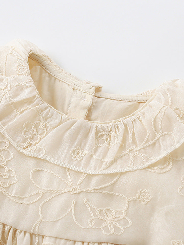Summer New Arrival Girls’ Floral Pattern Embroidery Short Sleeves Round Collar Dress-2