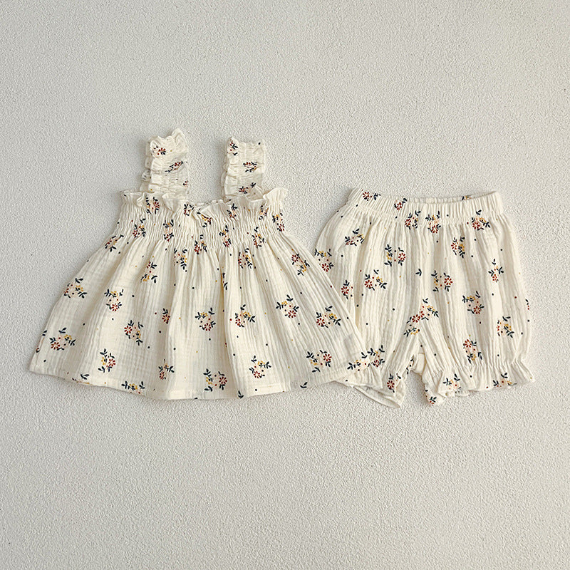 Summer Hot Selling Baby Girls Sleeveless Floral Pattern Strap Top Dress And Shorts Clothing Set-0