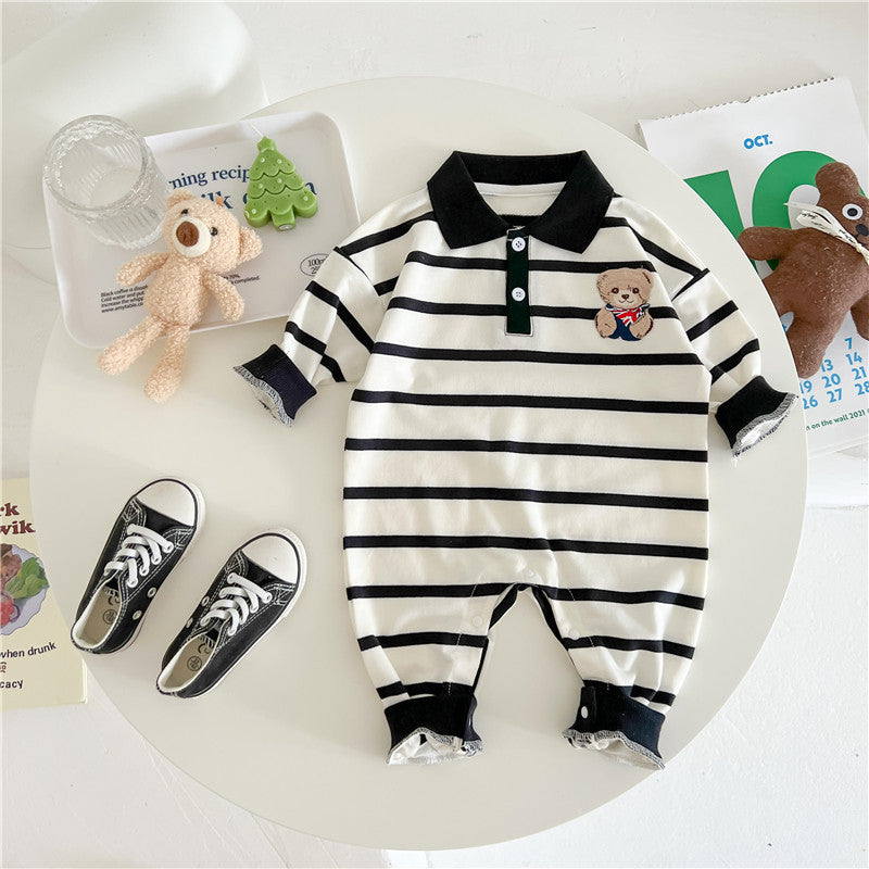 Baby Cartoon Bear Print & Striped Pattern Polo Neck Long Sleeve Romper-2