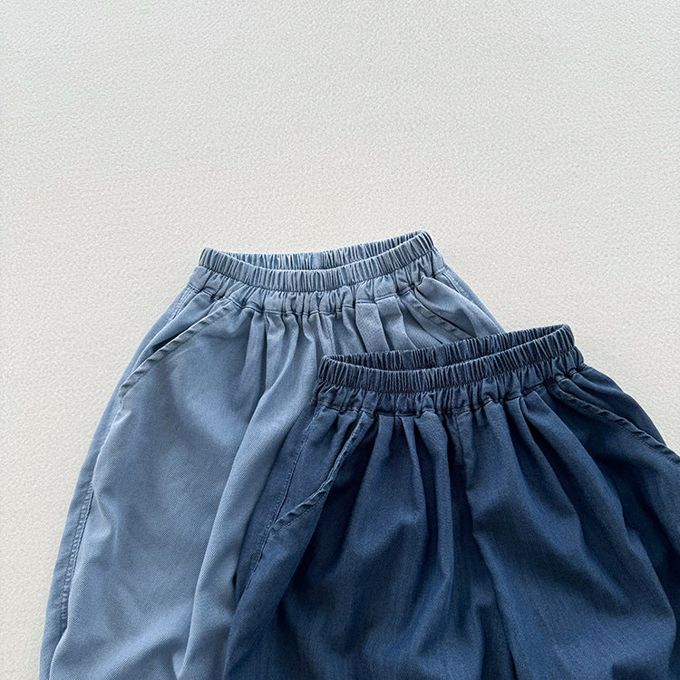 Summer New Arrival Modern Casual Unisex Blue Denim Elastic Waistband Lantern Pants-3