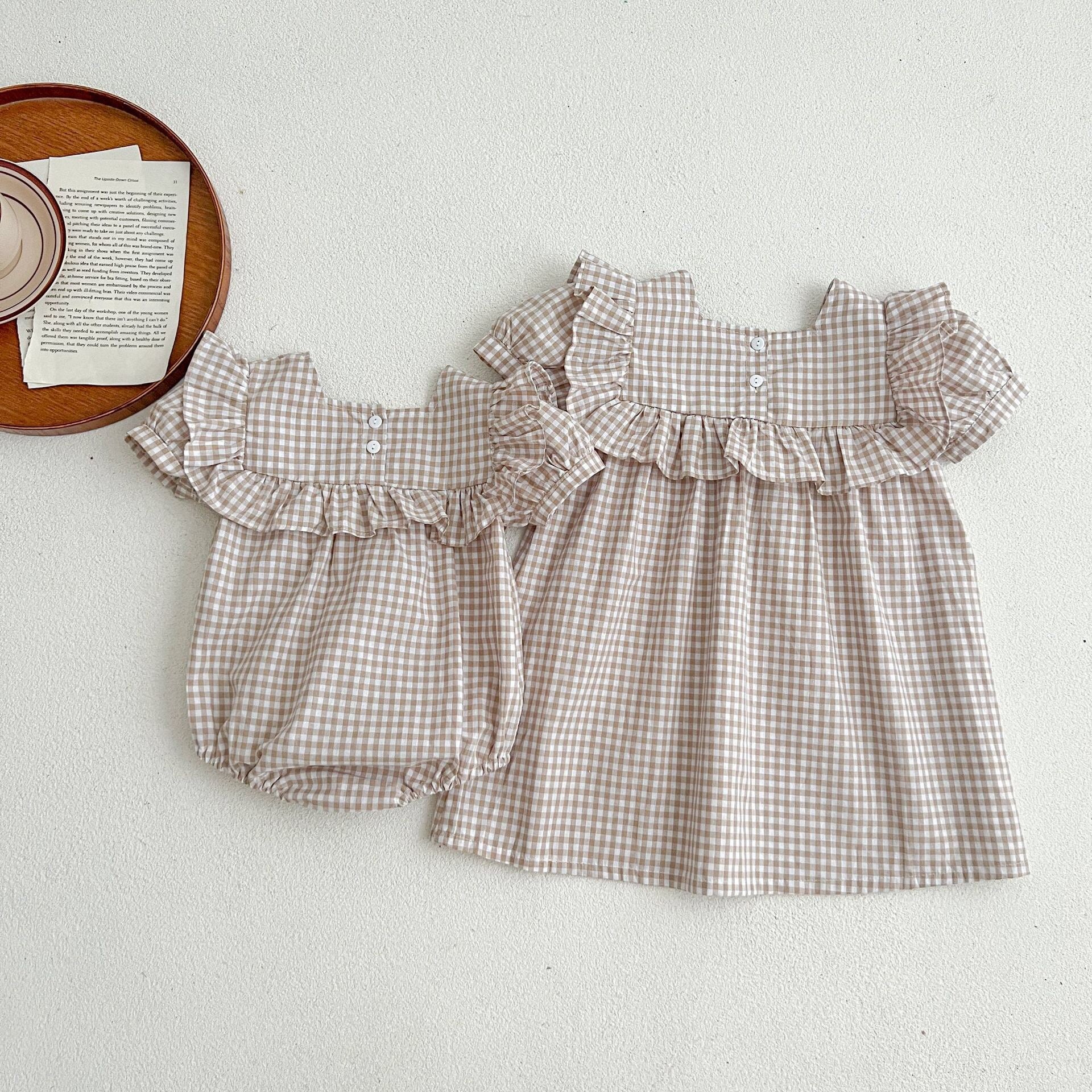 Baby Plaid Pattern Square Neck Puff Sleeves Onesies & Dress-1
