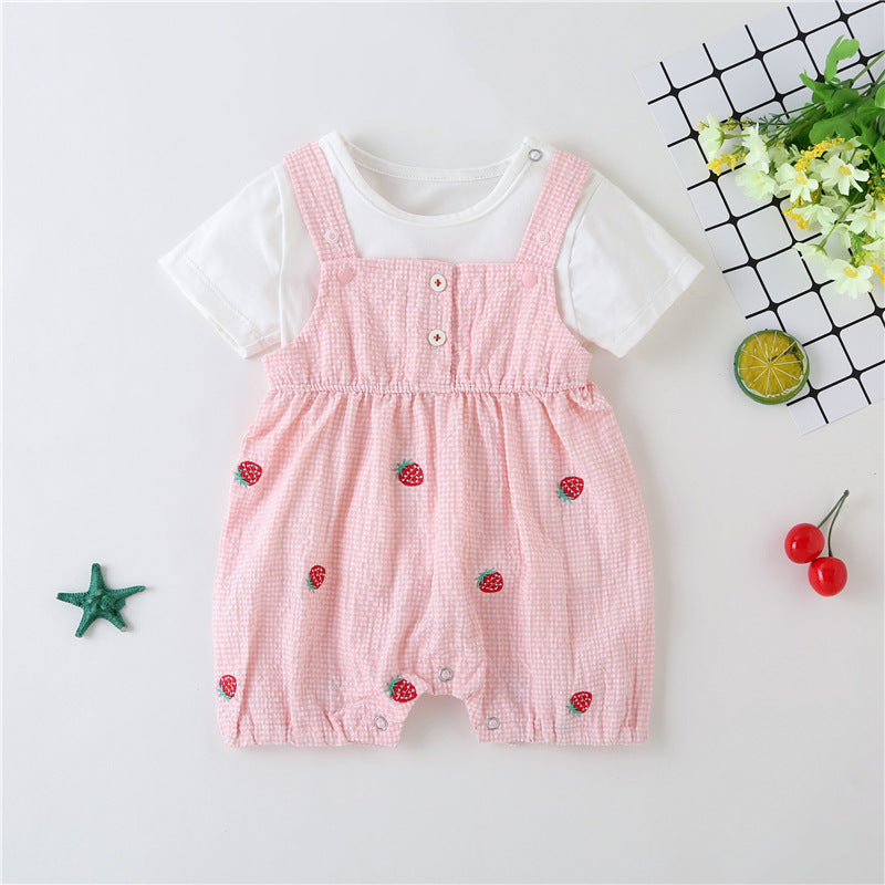 Baby Girl 1pcs Plaid Graphic Strawberries Embroidery Snap Button Jumpsuit & Solid Tee Sets-0