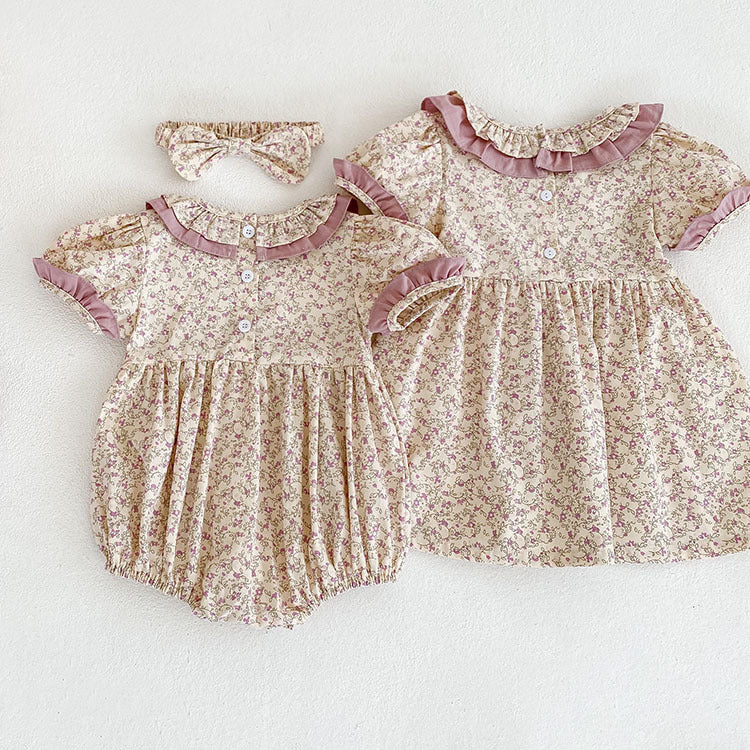 Baby Girl Ditsy Flower Ruffle Neck Dress & Onesies In Summer-3