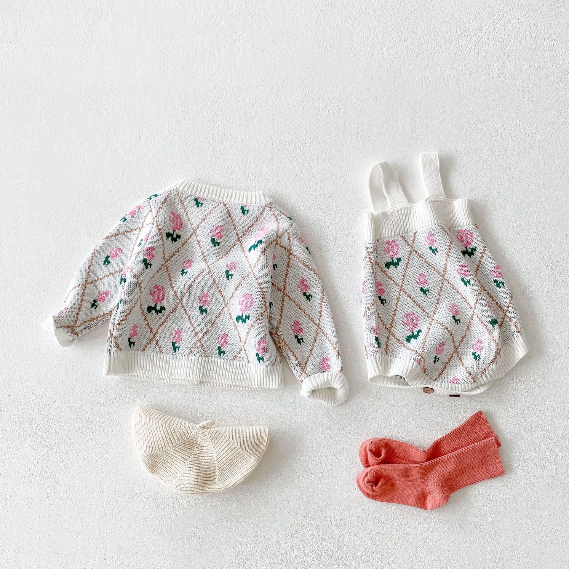 Baby Girl 1pcs Allover Roses Embroidered Graphic Crotch Bodysuit & Cardigan Handmade Knitted Sets-0