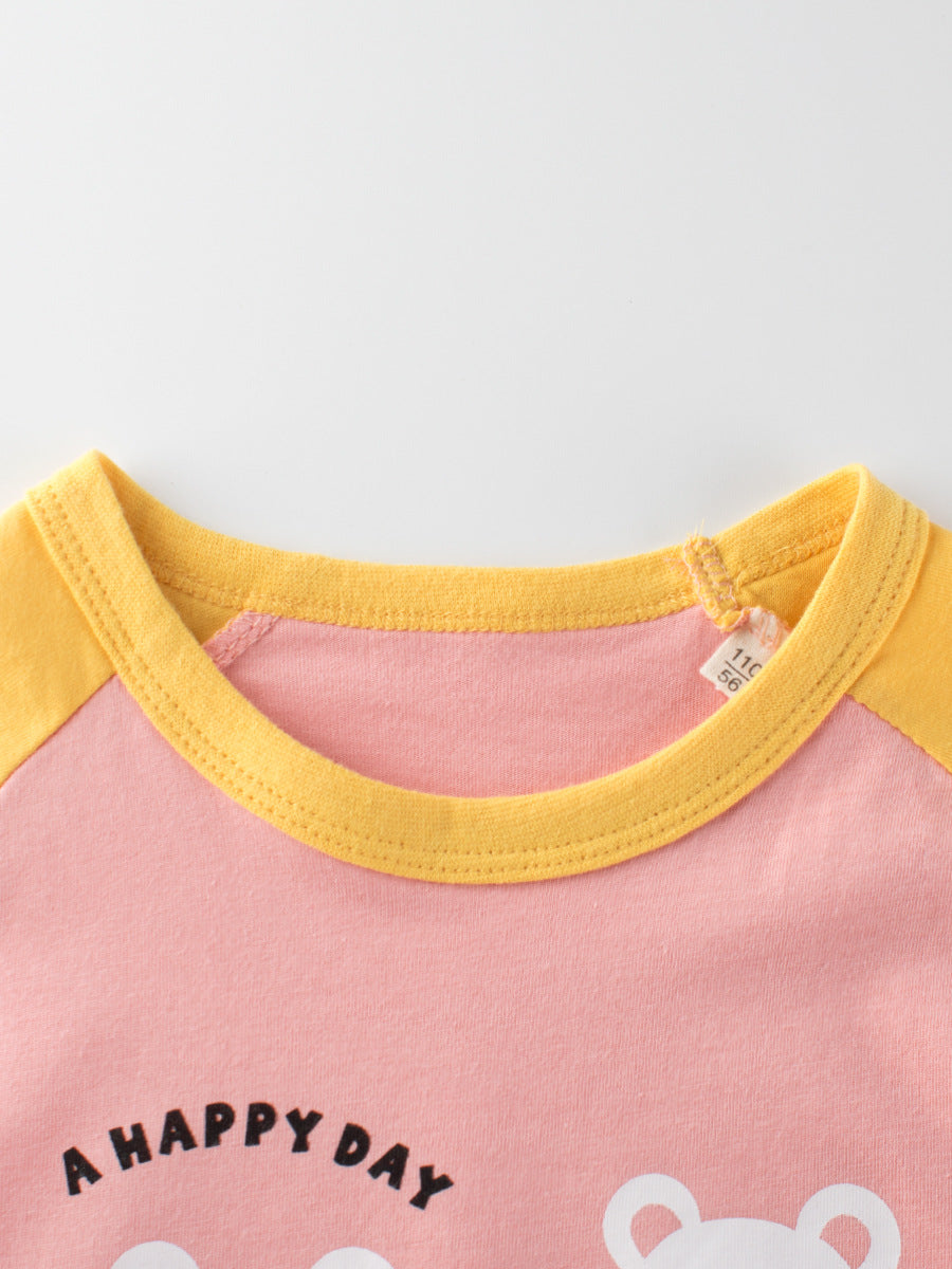 Summer Teddy Bear Cartoon Print Color Patchwork Girls’ T-Shirt In European And American Style-3