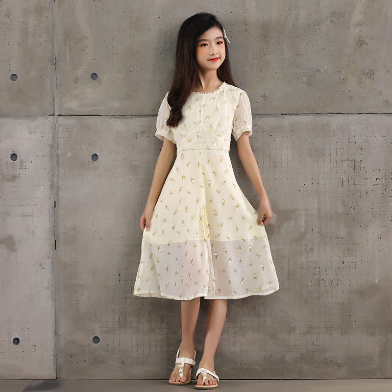 New Arrival Summer Kids Girls French Style Chiffon Fashion Short Sleeves Floral Dress-1