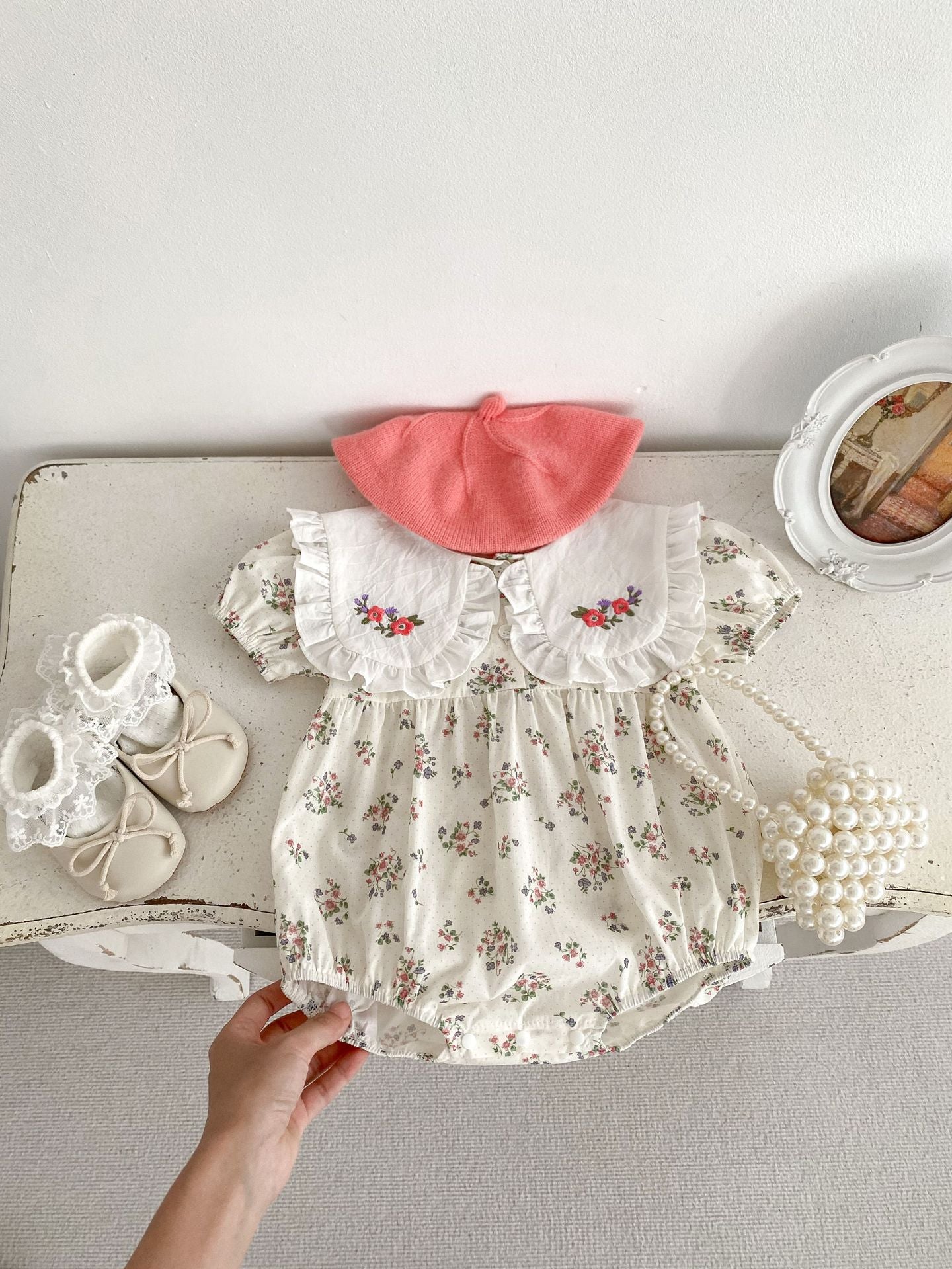 Summer Baby Girls Flowers Pattern Short Sleeves Onesies-1
