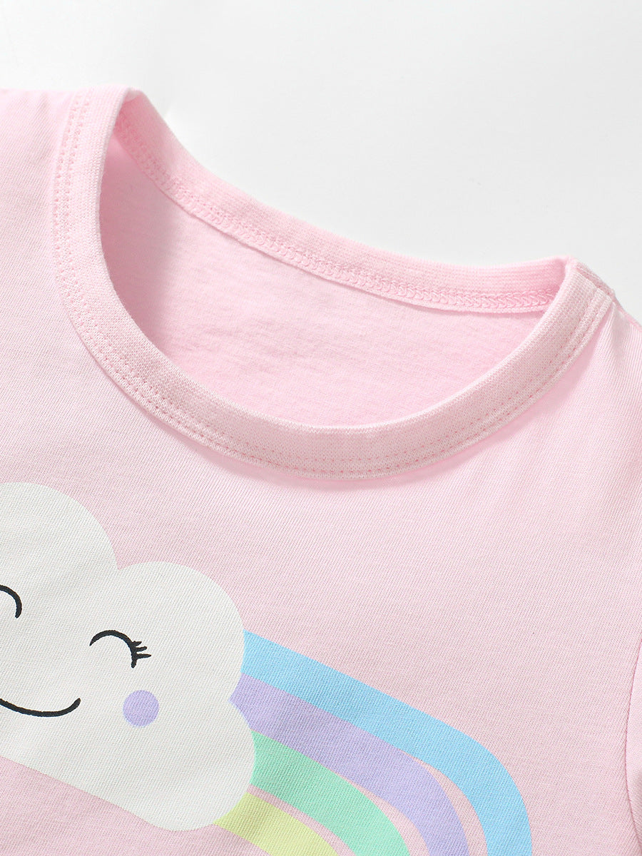 Crew Neck Rainbow Cloud Cartoon Girls’ T-Shirt In European And American Style For Summer-2