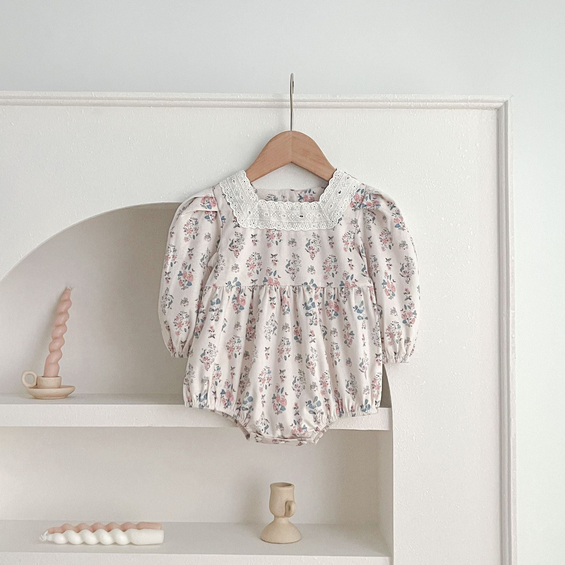 Floral Square Neck Lantern Long Sleeve Sweet Princess Onesies&Dress-1