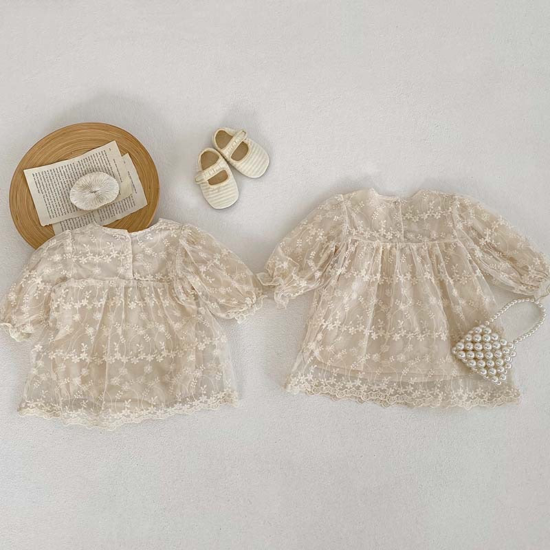 Baby Girl Mesh Patched Design Suqare Neck Onesies Dress & Dress-1