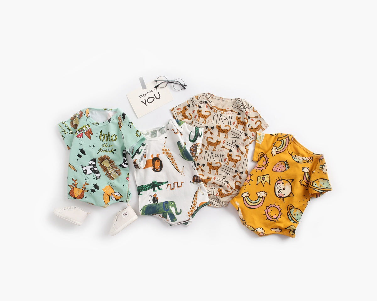 Baby Boy And Girl Animal Print Short-Sleeved O-Neck Lovely Onesies In Summer-0