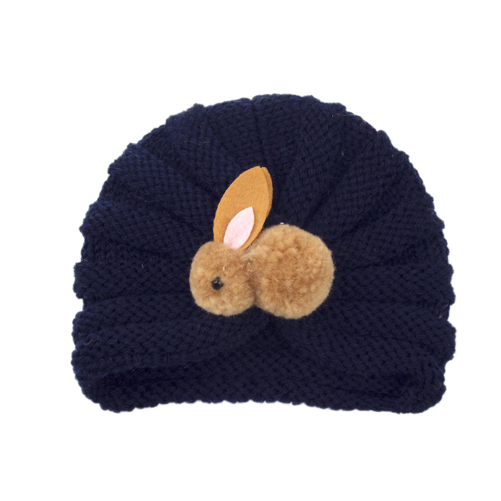 Newborn Baby Solid Color Rabbit Patched Design Wool Knitting Tire Caps-22