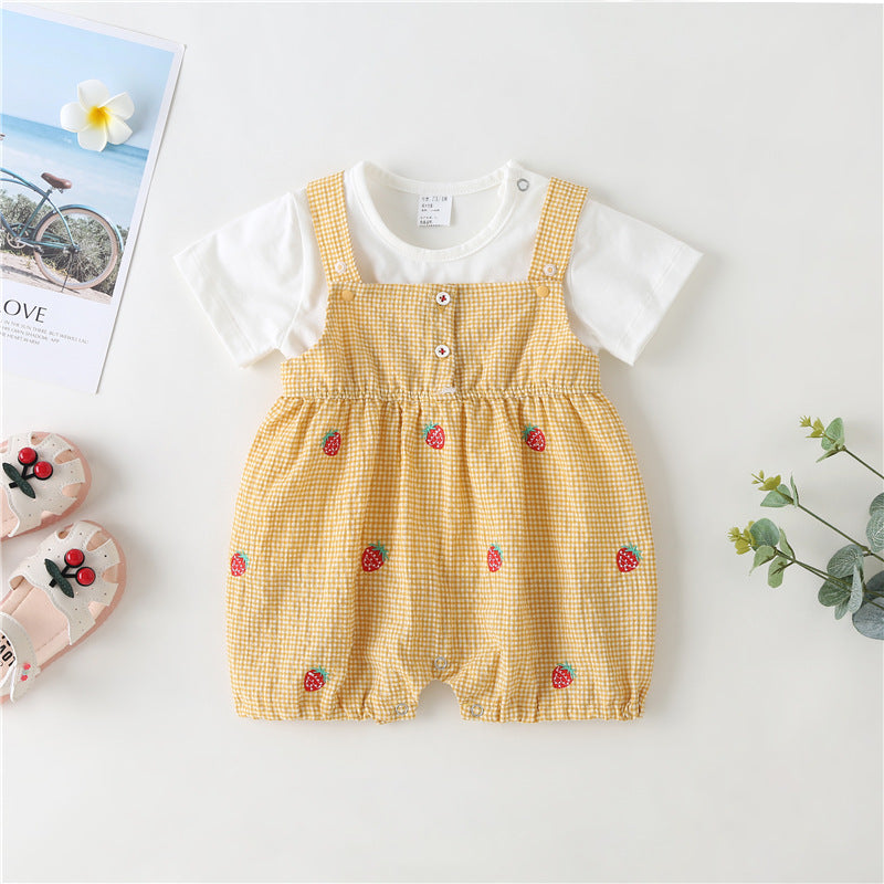 Baby Girl 1pcs Plaid Graphic Strawberries Embroidery Snap Button Jumpsuit & Solid Tee Sets-26