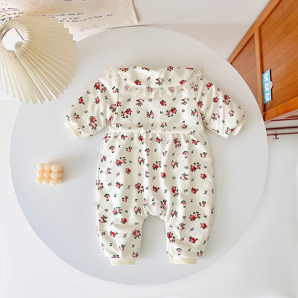 Baby Girl Floral Pattern Mesh Patched Design Doll Neck Jumpsuit-2