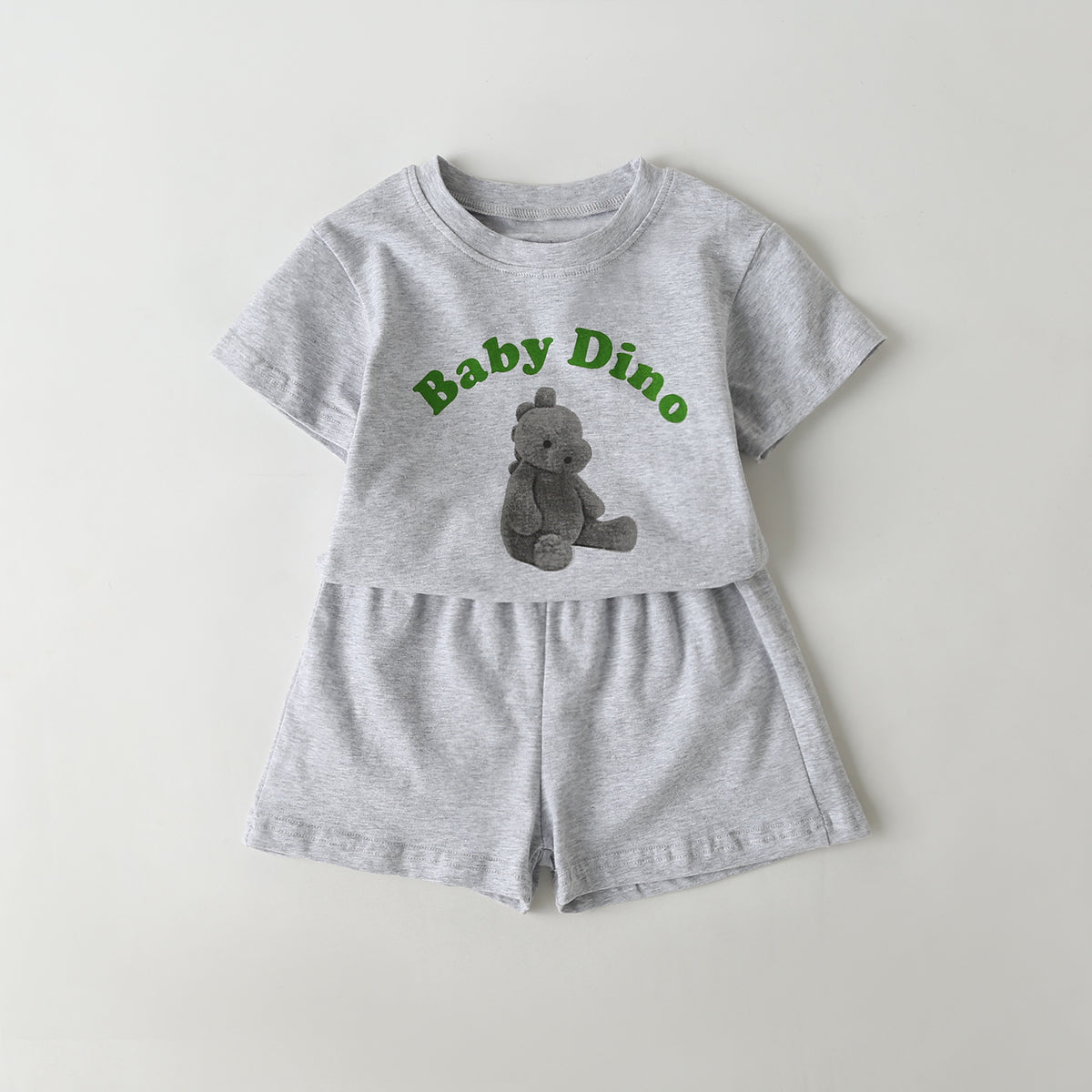 Baby Cartoon Animal & Slogan Pattern Short Sleeved Tee Combo Solid Shorts Sets-2