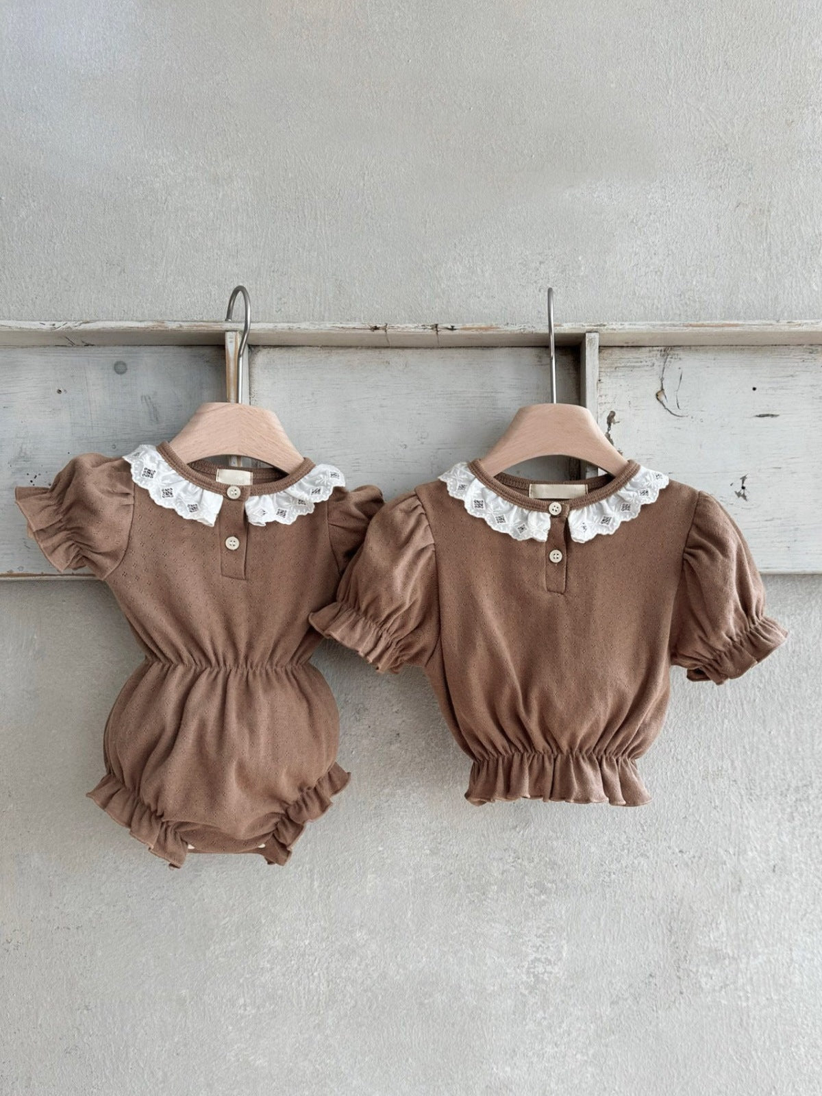 Summer New Arrival Baby Girls Geometric Pattern Collar Short Sleeves Hollow Out Design Onesies-3