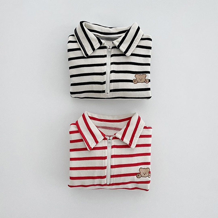 Baby Striped & Cartoon Patched Graphic Polo Neck Long Sleeves Bodysuit Onesies-2